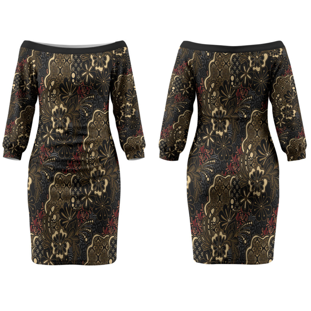 Batik Sekar Jagad Couples Matching Off The Shoulder Long Sleeve Dress and Long Sleeve Button Shirt Indonesian Traditional Pattern LT01 - Polynesian Pride