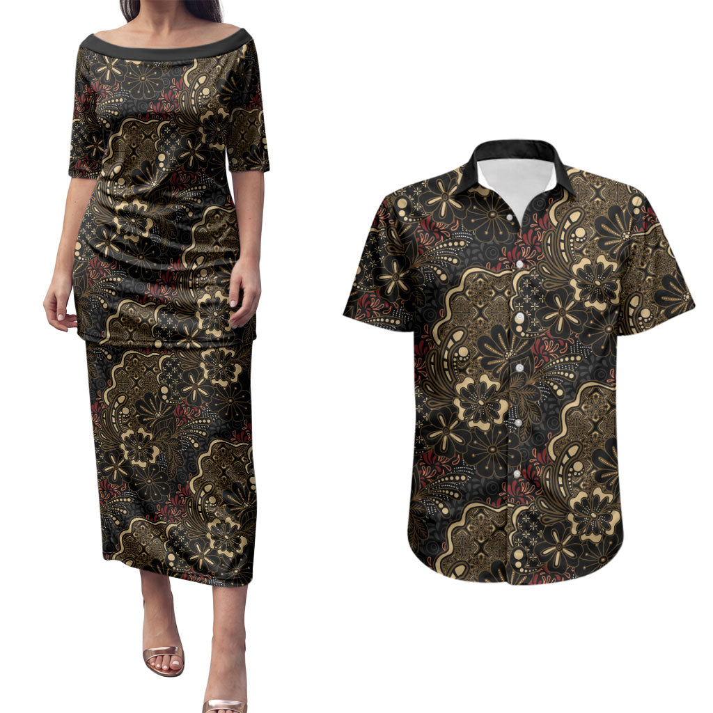 Batik Sekar Jagad Couples Matching Puletasi and Hawaiian Shirt Indonesian Traditional Pattern LT01 Black - Polynesian Pride