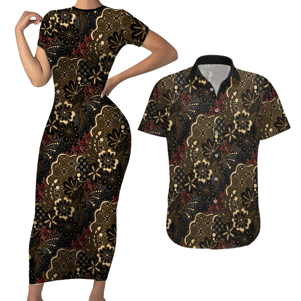 Batik Sekar Jagad Couples Matching Short Sleeve Bodycon Dress and Hawaiian Shirt Indonesian Traditional Pattern