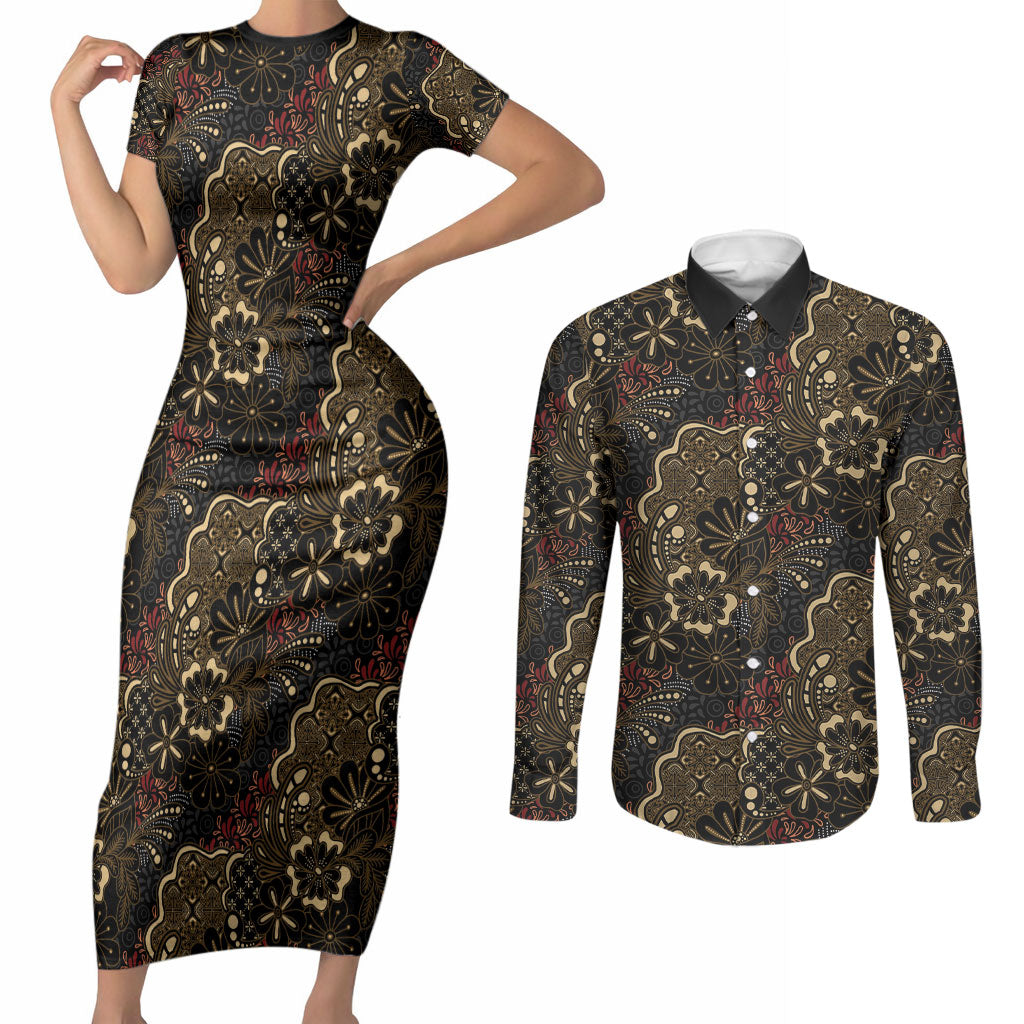 Batik Sekar Jagad Couples Matching Short Sleeve Bodycon Dress and Long Sleeve Button Shirt Indonesian Traditional Pattern LT01 Black - Polynesian Pride