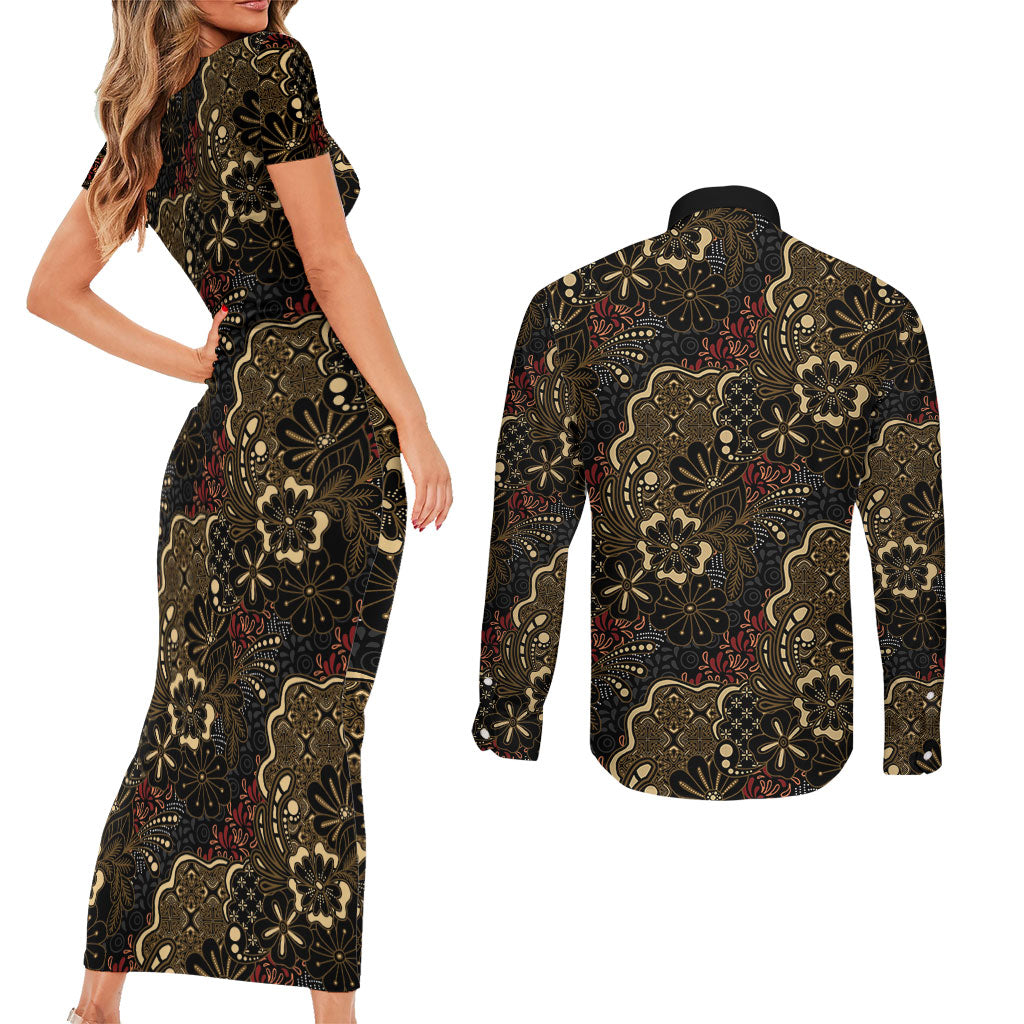 Batik Sekar Jagad Couples Matching Short Sleeve Bodycon Dress and Long Sleeve Button Shirt Indonesian Traditional Pattern
