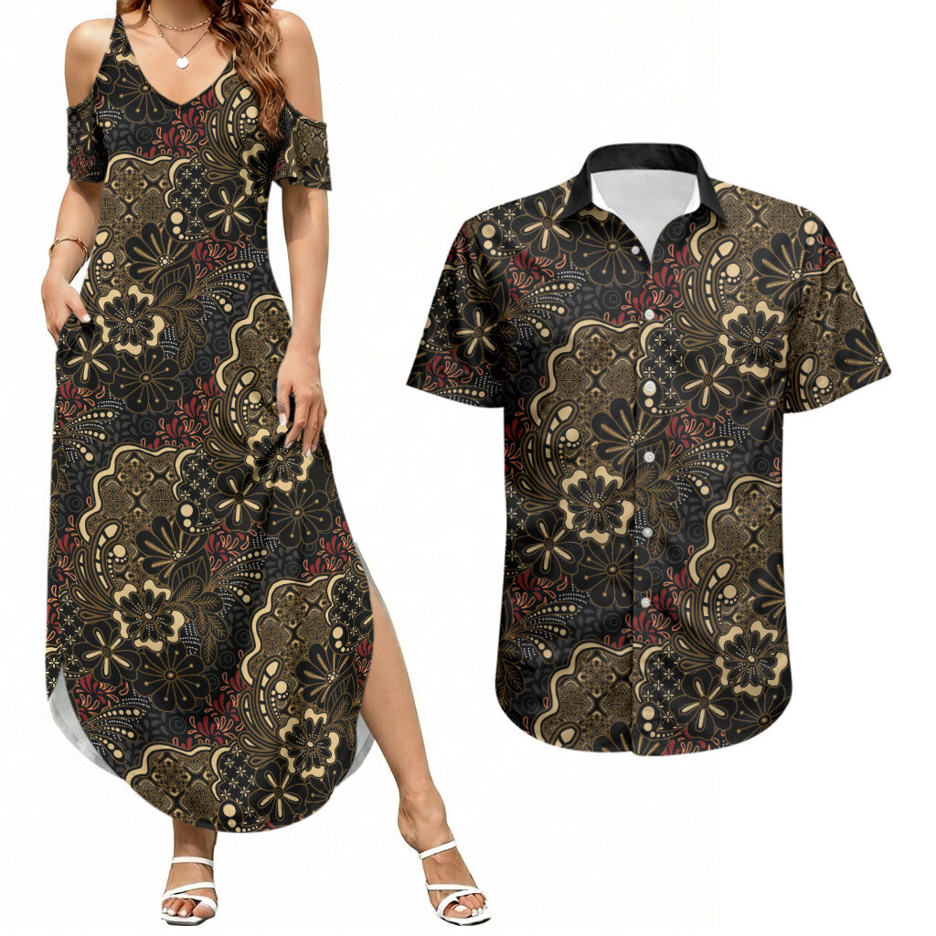 Batik Sekar Jagad Couples Matching Summer Maxi Dress and Hawaiian Shirt Indonesian Traditional Pattern LT01 Black - Polynesian Pride