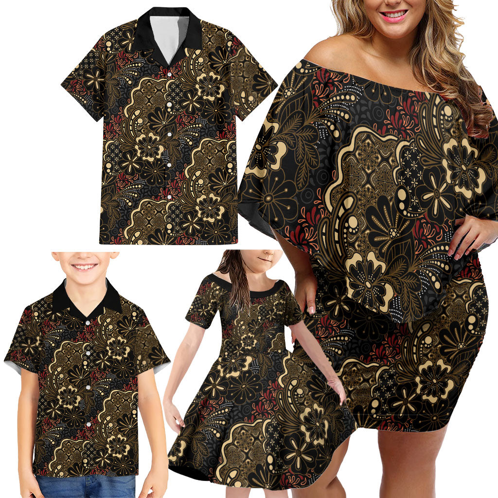 Batik Sekar Jagad Family Matching Off Shoulder Short Dress and Hawaiian Shirt Indonesian Traditional Pattern