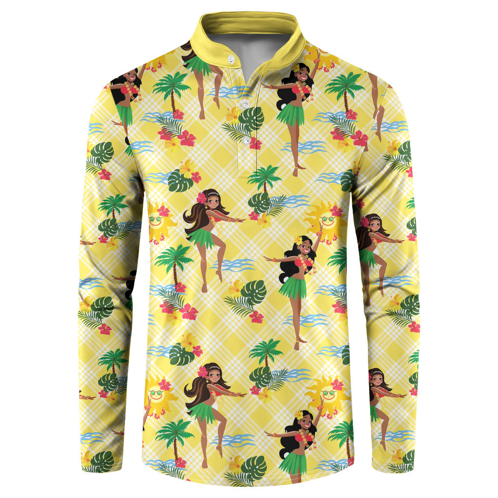 Hawaii Hula Girl Tropical Button Sweatshirt Yellow Palaka