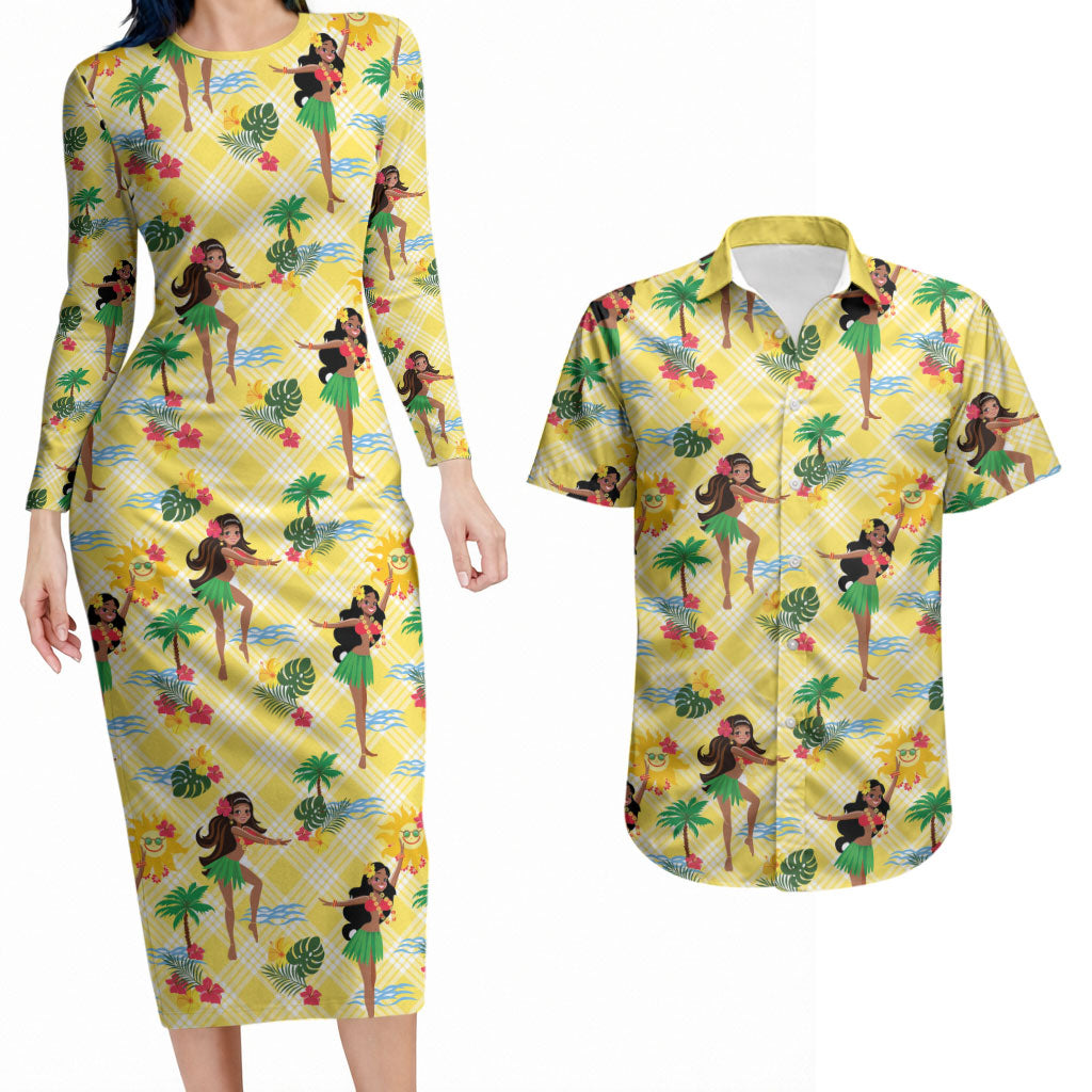 Hawaii Hula Girl Tropical Couples Matching Long Sleeve Bodycon Dress and Hawaiian Shirt Yellow Palaka