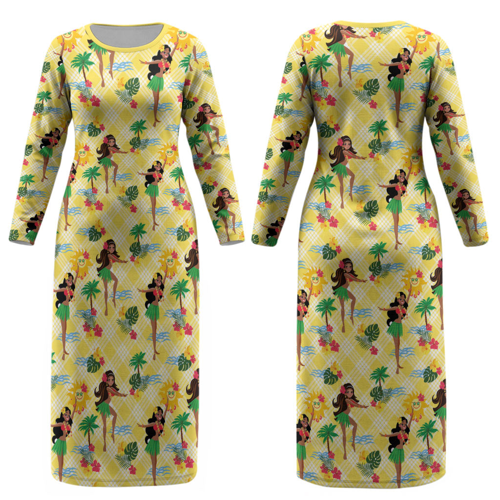 Hawaii Hula Girl Tropical Couples Matching Long Sleeve Bodycon Dress and Hawaiian Shirt Yellow Palaka