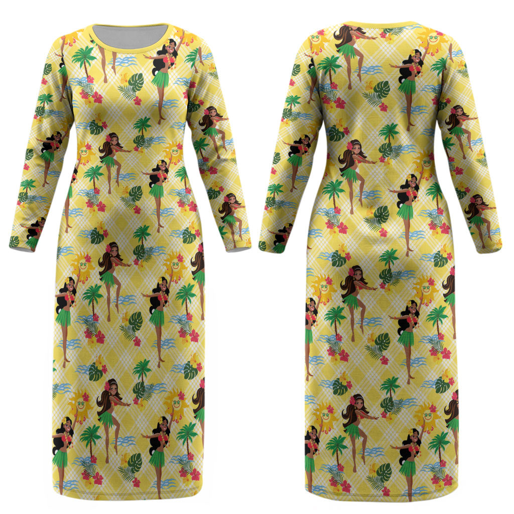 Hawaii Hula Girl Tropical Couples Matching Long Sleeve Bodycon Dress and Long Sleeve Button Shirt Yellow Palaka