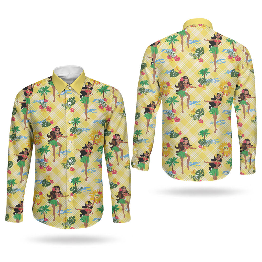 Hawaii Hula Girl Tropical Couples Matching Mermaid Dress and Long Sleeve Button Shirt Yellow Palaka