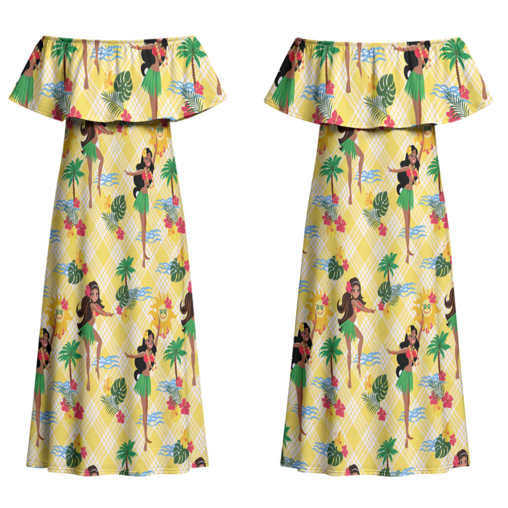 Hawaii Hula Girl Tropical Couples Matching Off Shoulder Maxi Dress and Hawaiian Shirt Yellow Palaka