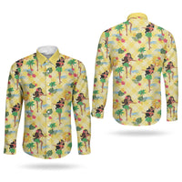 Hawaii Hula Girl Tropical Couples Matching Off Shoulder Maxi Dress and Long Sleeve Button Shirt Yellow Palaka