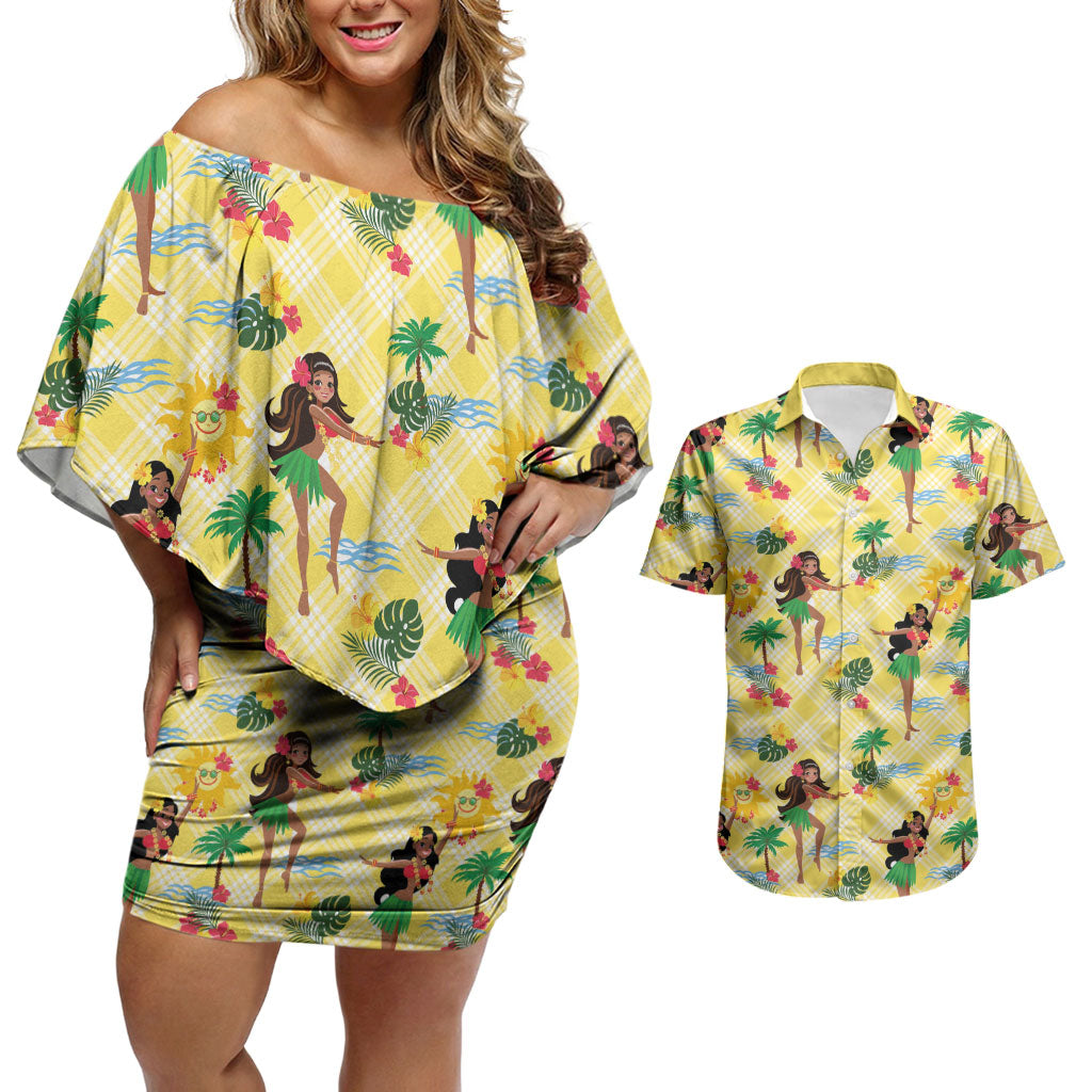 Hawaii Hula Girl Tropical Couples Matching Off Shoulder Short Dress and Hawaiian Shirt Yellow Palaka