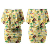 Hawaii Hula Girl Tropical Couples Matching Off Shoulder Short Dress and Hawaiian Shirt Yellow Palaka