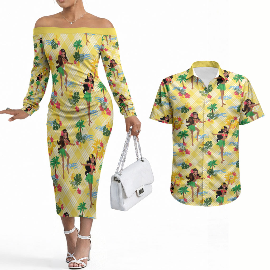 Hawaii Hula Girl Tropical Couples Matching Off The Shoulder Long Sleeve Dress and Hawaiian Shirt Yellow Palaka LT01 Yellow - Polynesian Pride