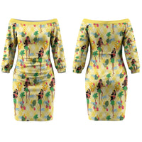 Hawaii Hula Girl Tropical Couples Matching Off The Shoulder Long Sleeve Dress and Hawaiian Shirt Yellow Palaka