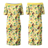 Hawaii Hula Girl Tropical Couples Matching Puletasi and Hawaiian Shirt Yellow Palaka