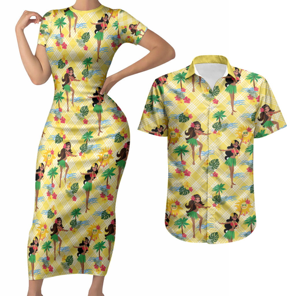 Hawaii Hula Girl Tropical Couples Matching Short Sleeve Bodycon Dress and Hawaiian Shirt Yellow Palaka