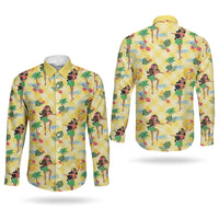 Hawaii Hula Girl Tropical Couples Matching Short Sleeve Bodycon Dress and Long Sleeve Button Shirt Yellow Palaka