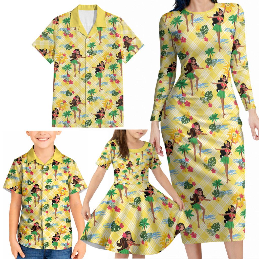 Hawaii Hula Girl Tropical Family Matching Long Sleeve Bodycon Dress and Hawaiian Shirt Yellow Palaka LT01 - Polynesian Pride