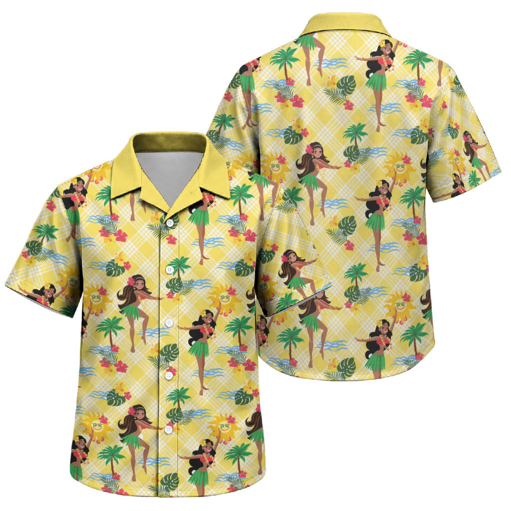 Hawaii Hula Girl Tropical Family Matching Mermaid Dress and Hawaiian Shirt Yellow Palaka