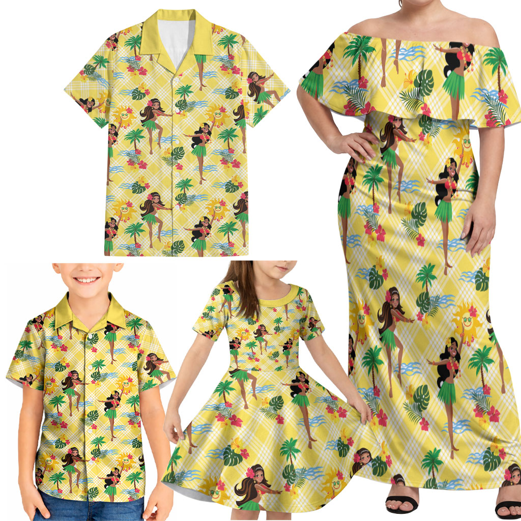 Hawaii Hula Girl Tropical Family Matching Off Shoulder Maxi Dress and Hawaiian Shirt Yellow Palaka LT01 - Polynesian Pride