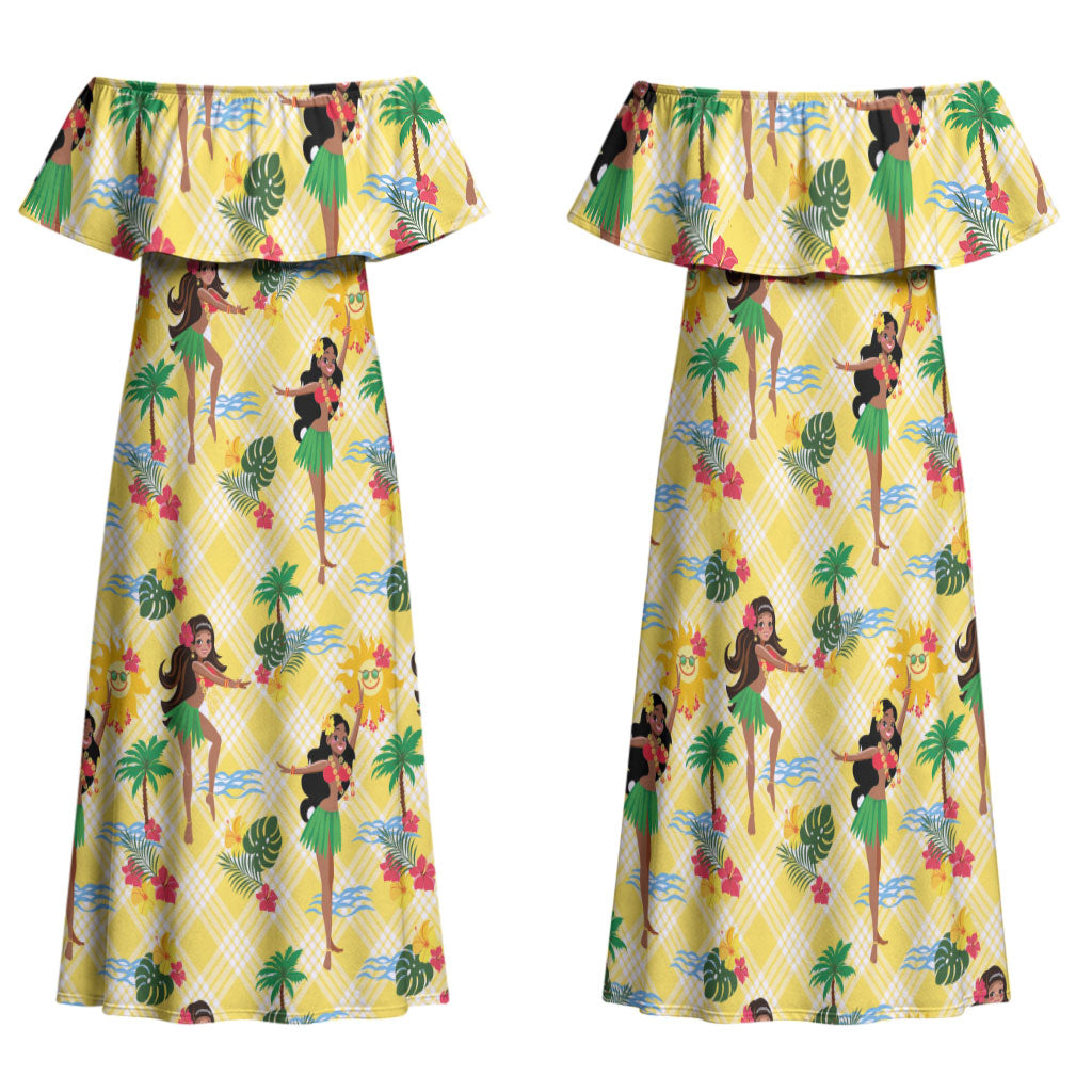 Hawaii Hula Girl Tropical Family Matching Off Shoulder Maxi Dress and Hawaiian Shirt Yellow Palaka