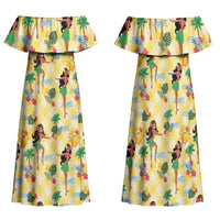 Hawaii Hula Girl Tropical Family Matching Off Shoulder Maxi Dress and Hawaiian Shirt Yellow Palaka