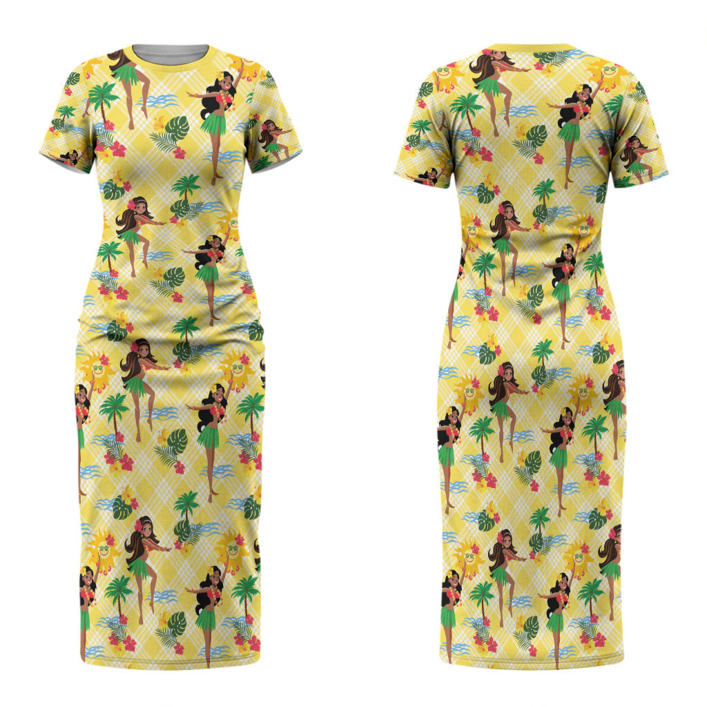 Hawaii Hula Girl Tropical Family Matching Short Sleeve Bodycon Dress and Hawaiian Shirt Yellow Palaka