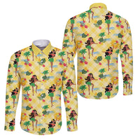 Hawaii Hula Girl Tropical Family Matching Short Sleeve Bodycon Dress and Hawaiian Shirt Yellow Palaka
