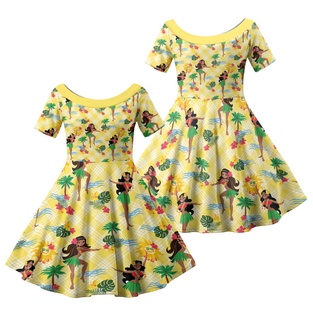 Hawaii Hula Girl Tropical Family Matching Short Sleeve Bodycon Dress and Hawaiian Shirt Yellow Palaka