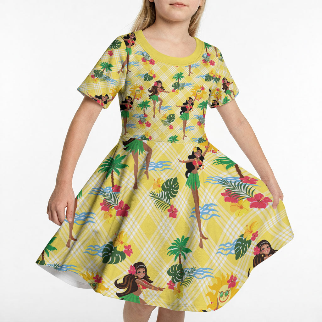 Hawaii Hula Girl Tropical Kid Short Sleeve Dress Yellow Palaka