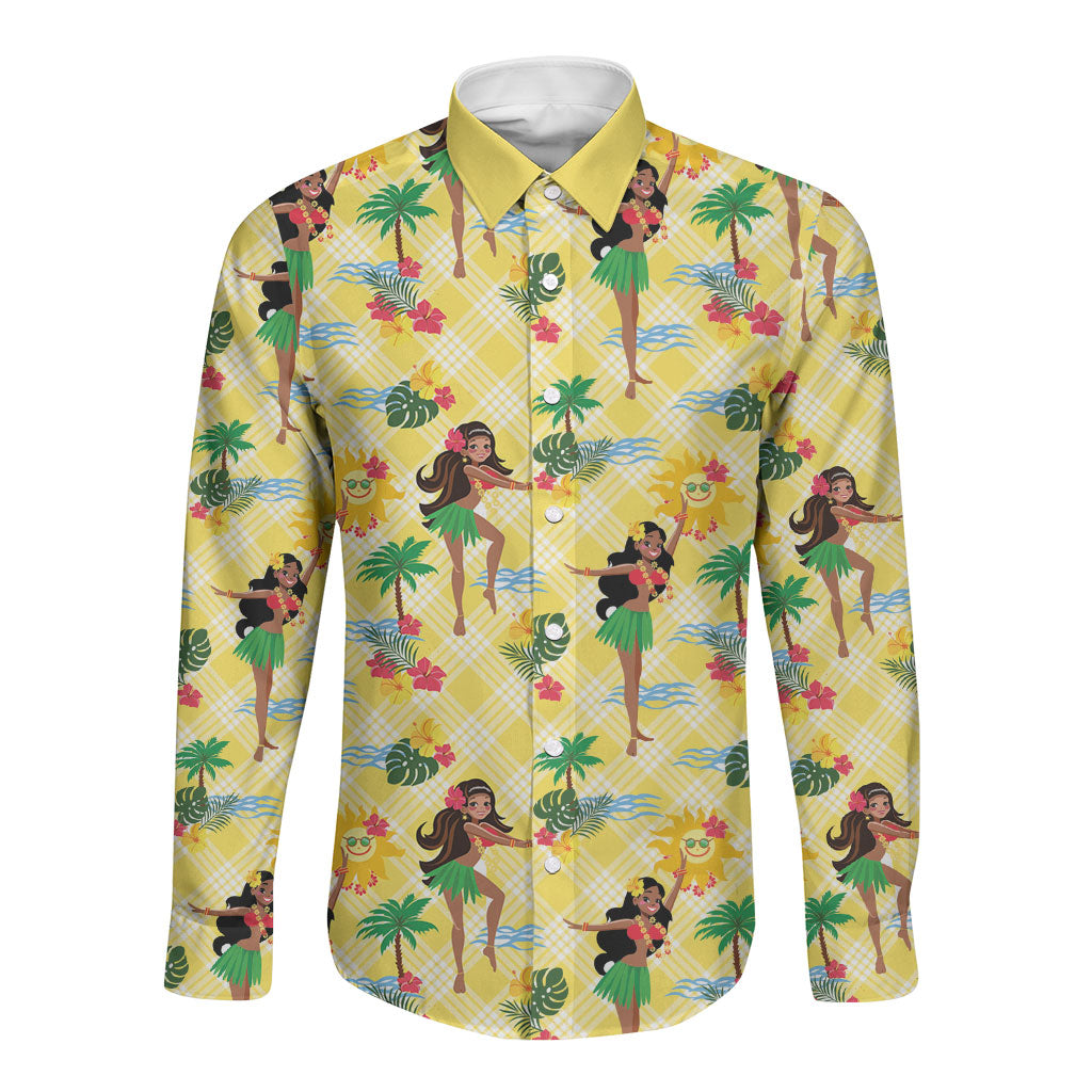 Hawaii Hula Girl Tropical Long Sleeve Button Shirt Yellow Palaka LT01 Unisex Yellow - Polynesian Pride