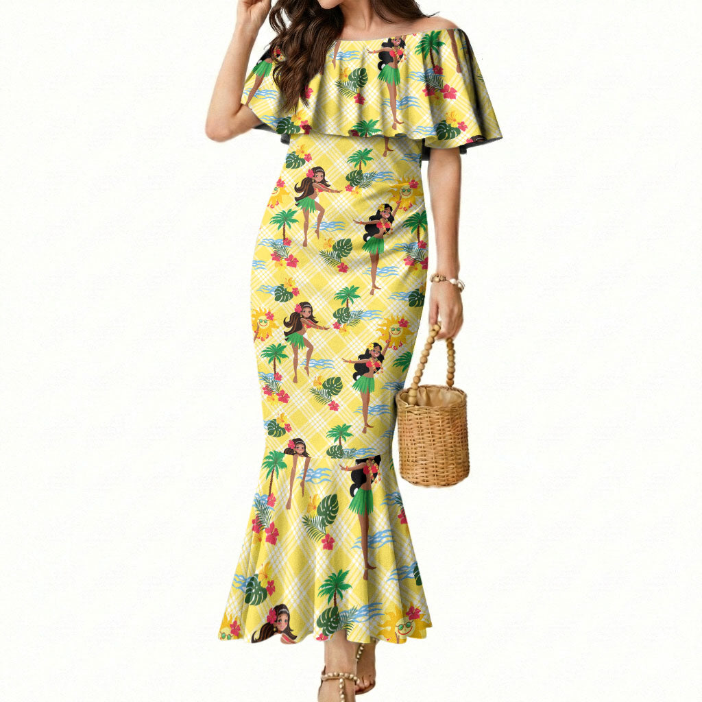 Hawaii Hula Girl Tropical Mermaid Dress Yellow Palaka