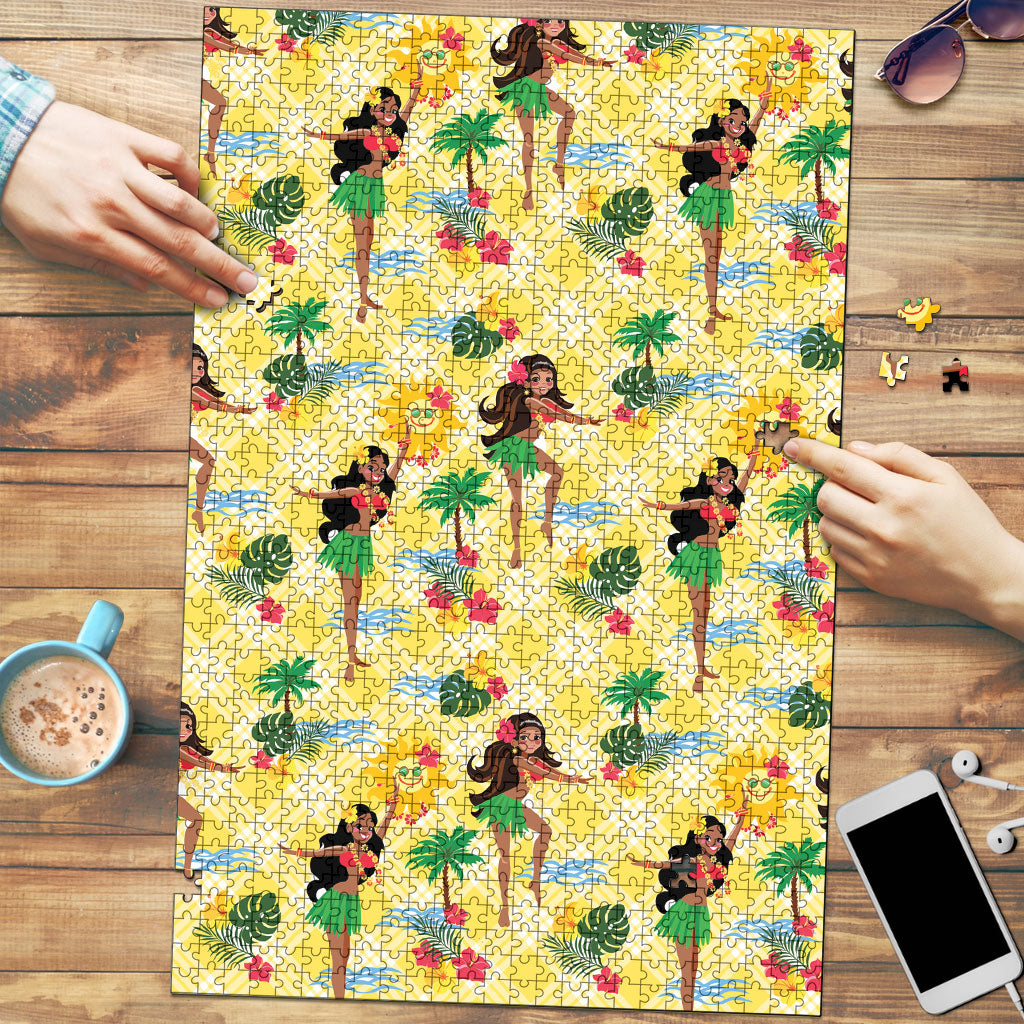 Hawaii Hula Girl Tropical Puzzle Yellow Palaka
