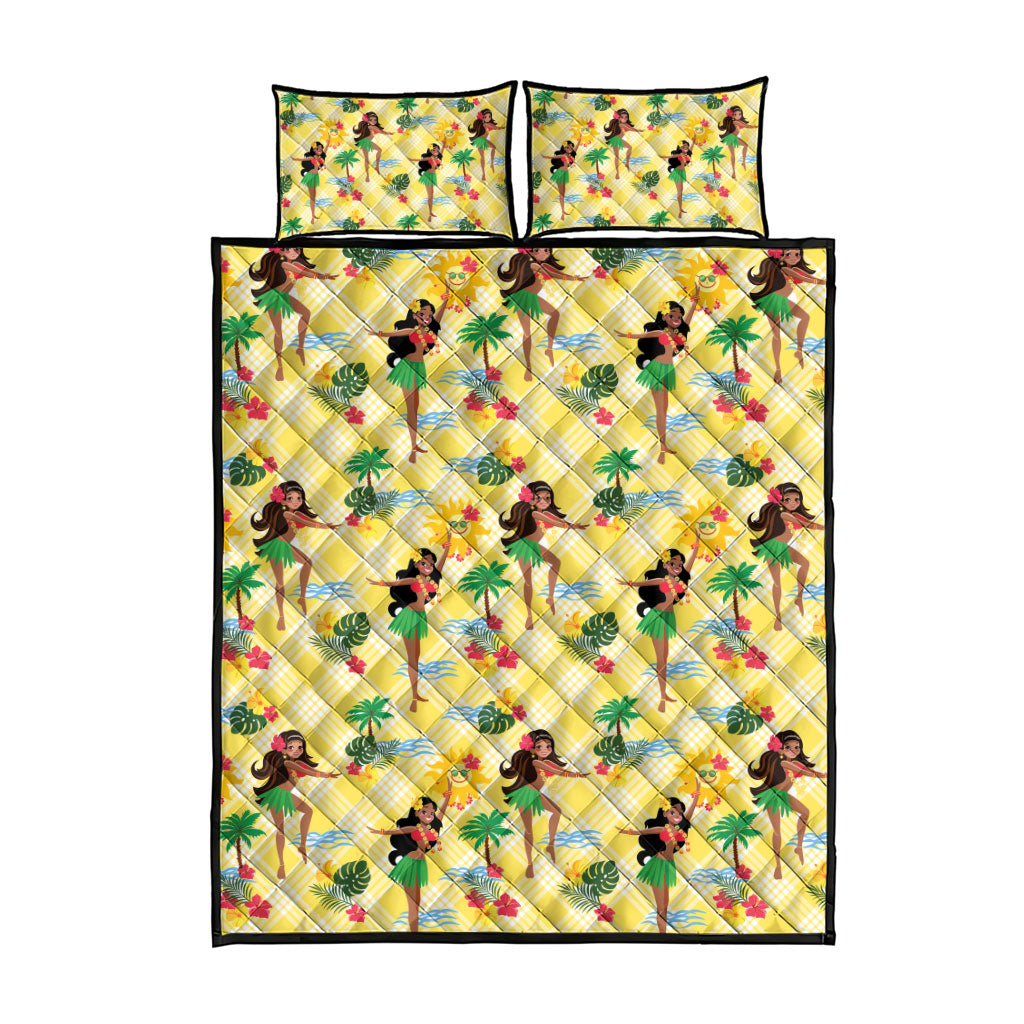 Hawaii Hula Girl Tropical Quilt Bed Set Yellow Palaka