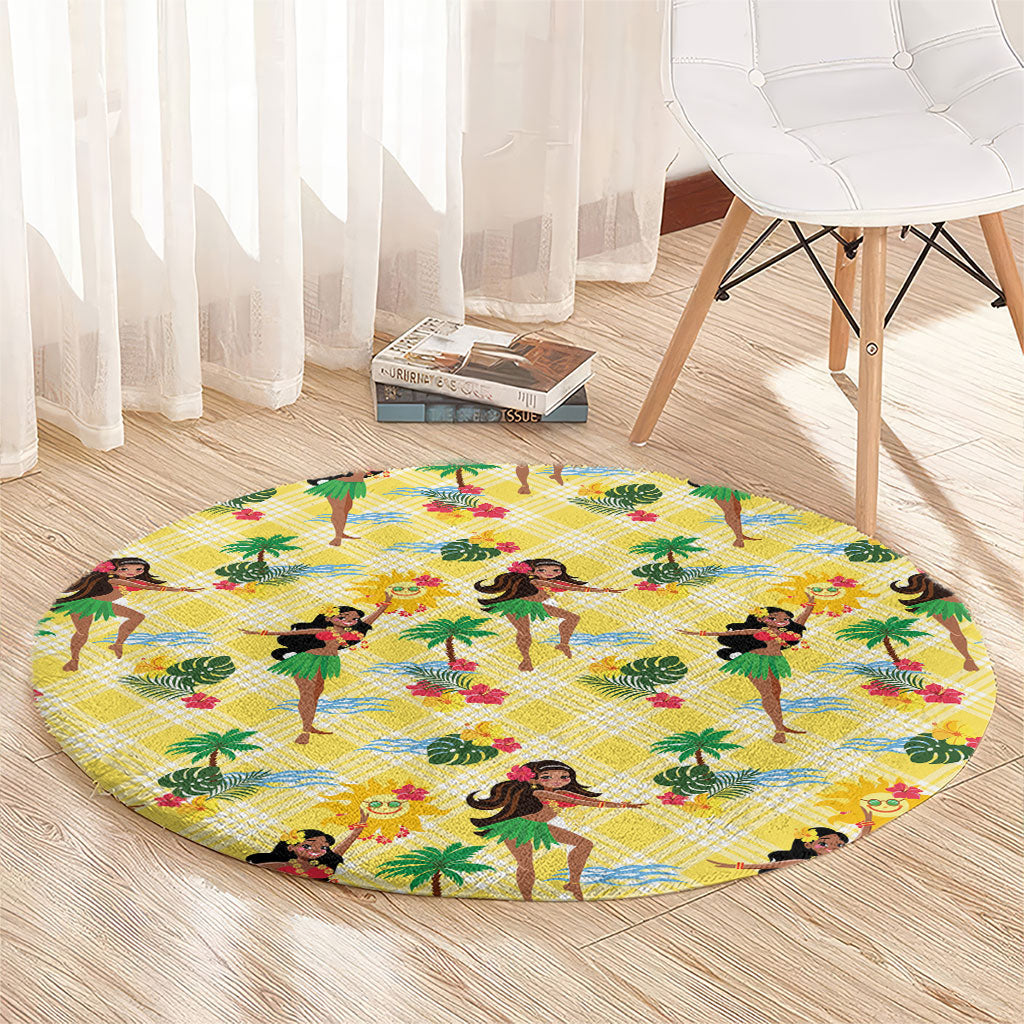 Hawaii Hula Girl Tropical Round Carpet Yellow Palaka