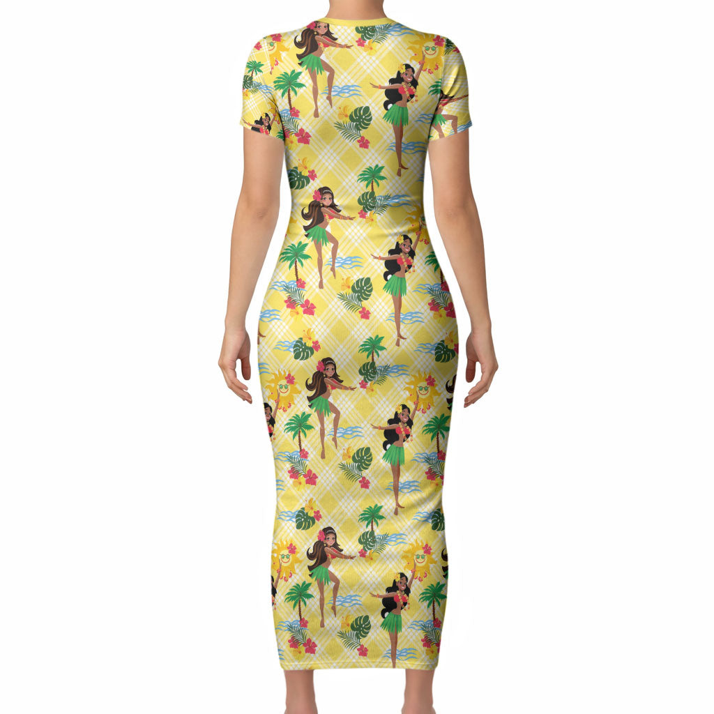Hawaii Hula Girl Tropical Short Sleeve Bodycon Dress Yellow Palaka