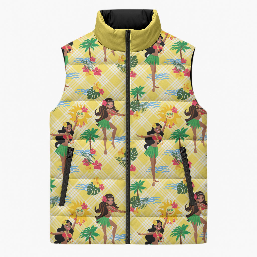 Hawaii Hula Girl Tropical Sleeveless Puffer Jacket Yellow Palaka