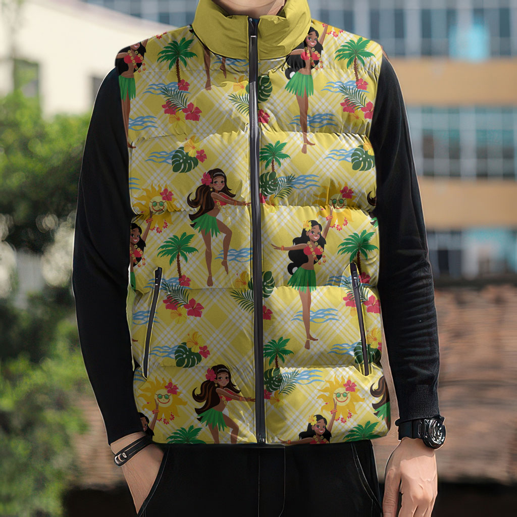 Hawaii Hula Girl Tropical Sleeveless Puffer Jacket Yellow Palaka