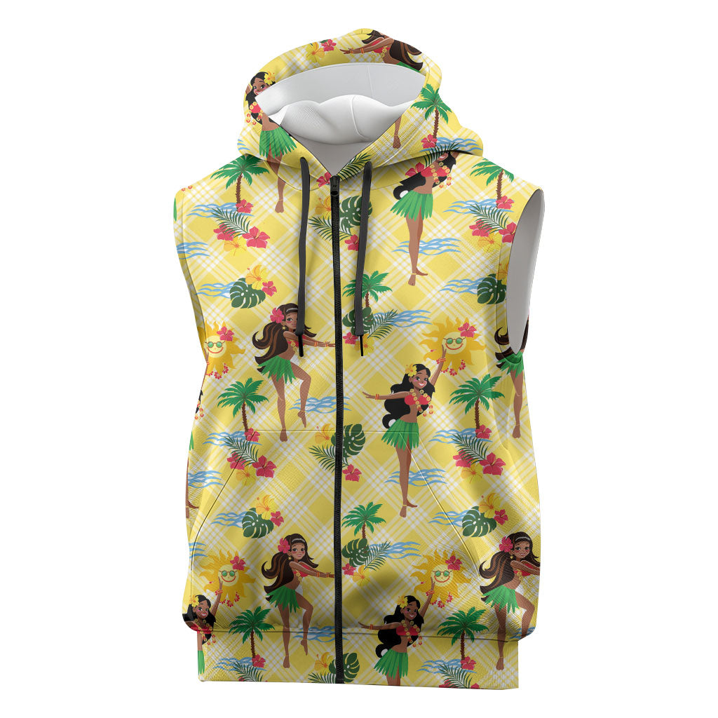 Hawaii Hula Girl Tropical Sleeveless Zip Hoodie Yellow Palaka