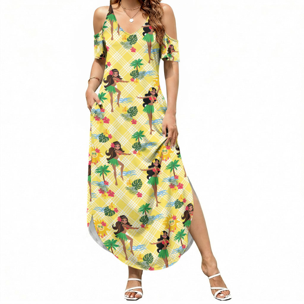 Hawaii Hula Girl Tropical Summer Maxi Dress Yellow Palaka