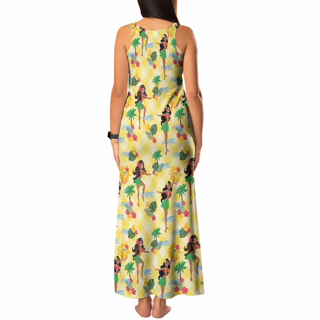 Hawaii Hula Girl Tropical Tank Maxi Dress Yellow Palaka