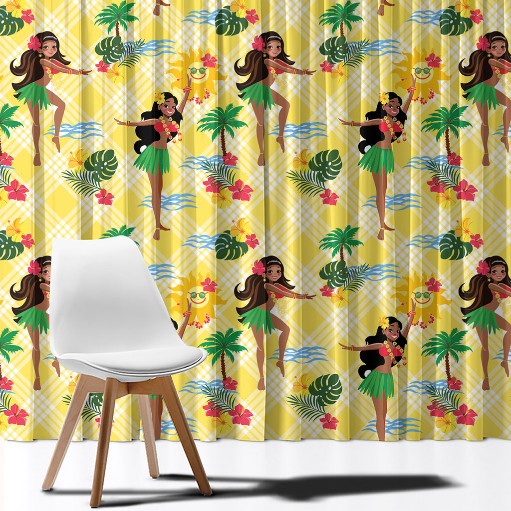 Hawaii Hula Girl Tropical Window Curtain Yellow Palaka