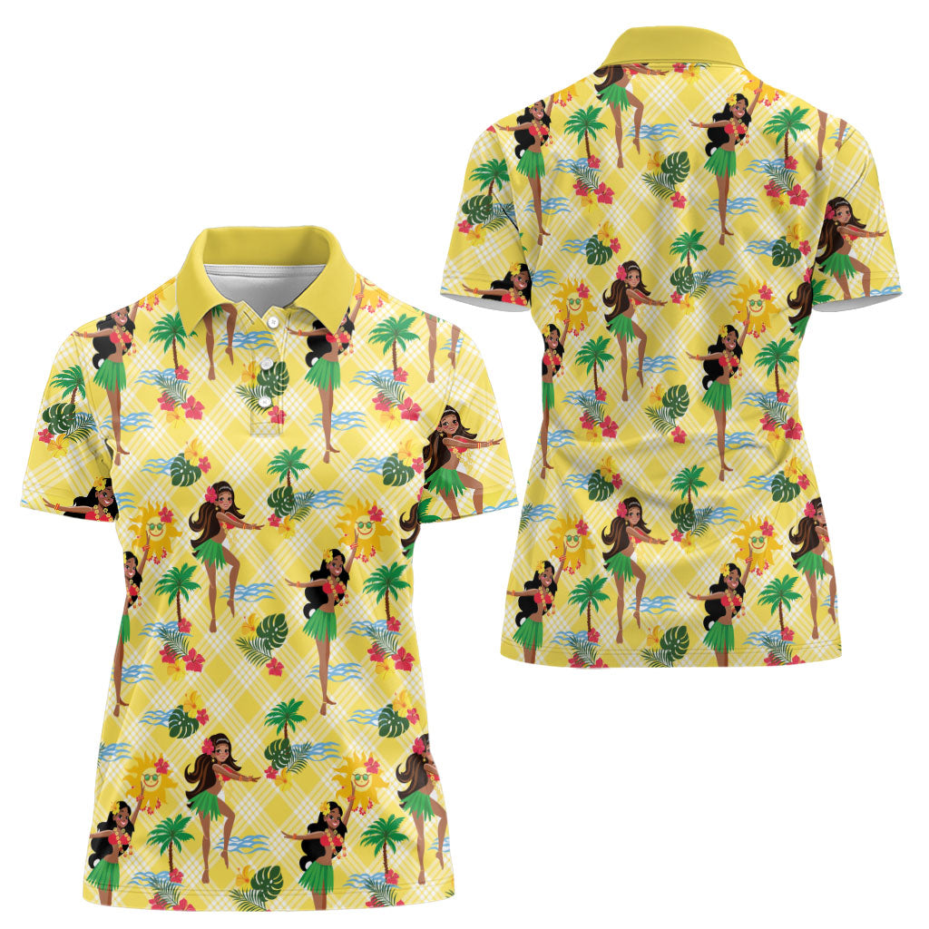 Hawaii Hula Girl Tropical Women Polo Shirt Yellow Palaka