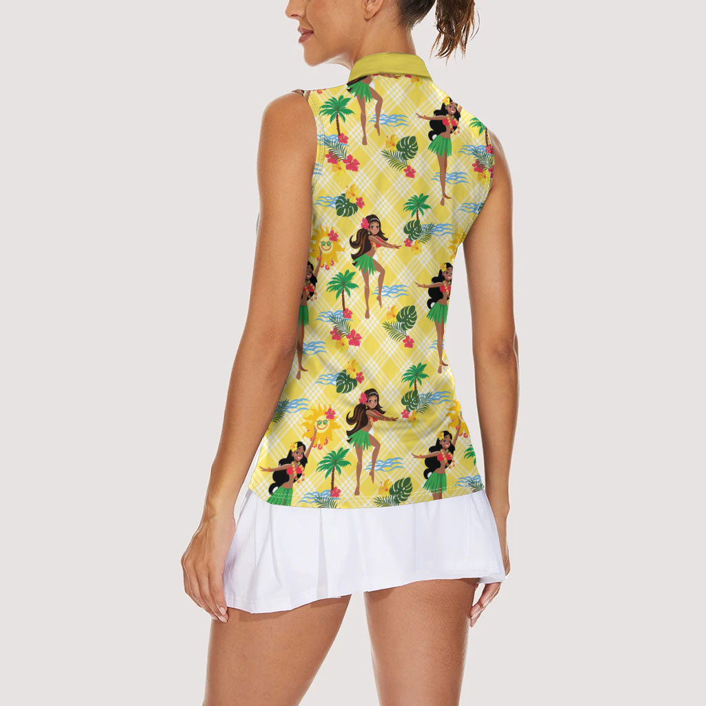 Hawaii Hula Girl Tropical Women Sleeveless Polo Shirt Yellow Palaka