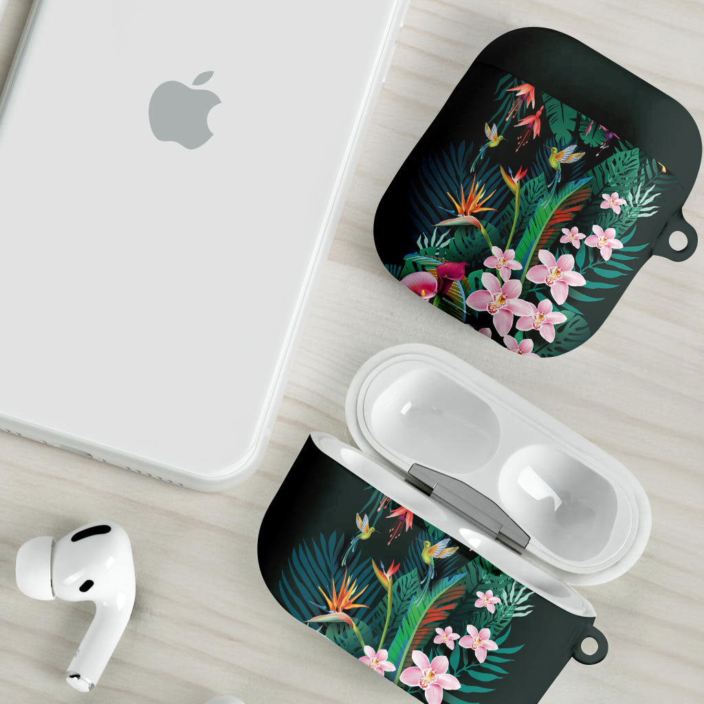 Hawaii Hummingbird Tropical Flowers AirPods Case Dark Green