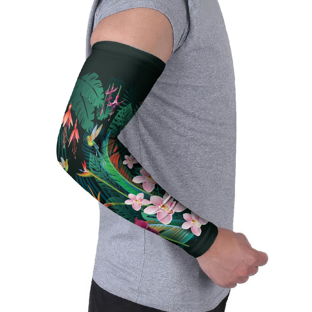 Hawaii Hummingbird Tropical Flowers Arm Sleeves Dark Green