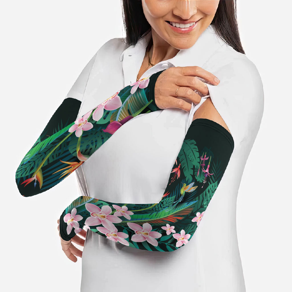 Hawaii Hummingbird Tropical Flowers Arm Sleeves Dark Green