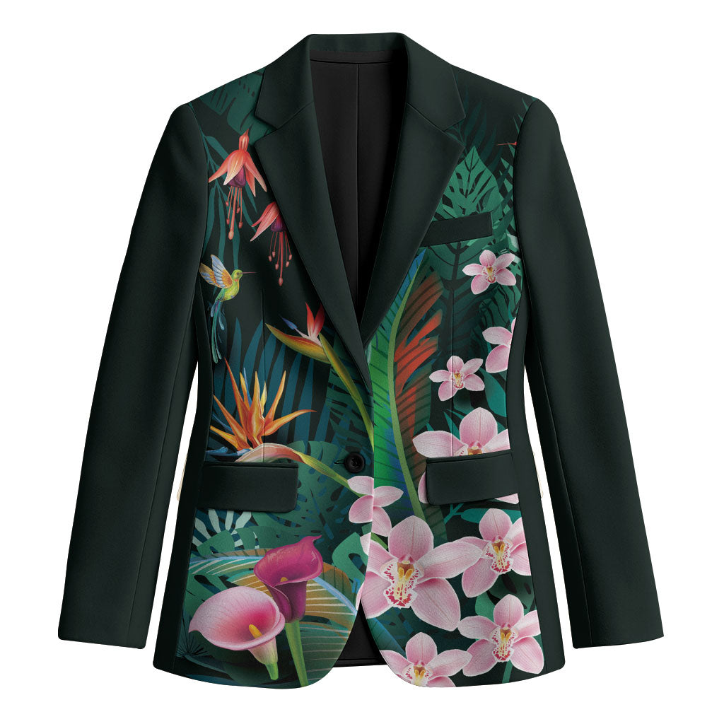 Hawaii Hummingbird Tropical Flowers Blazer Dark Green LT01 Unisex Green - Polynesian Pride