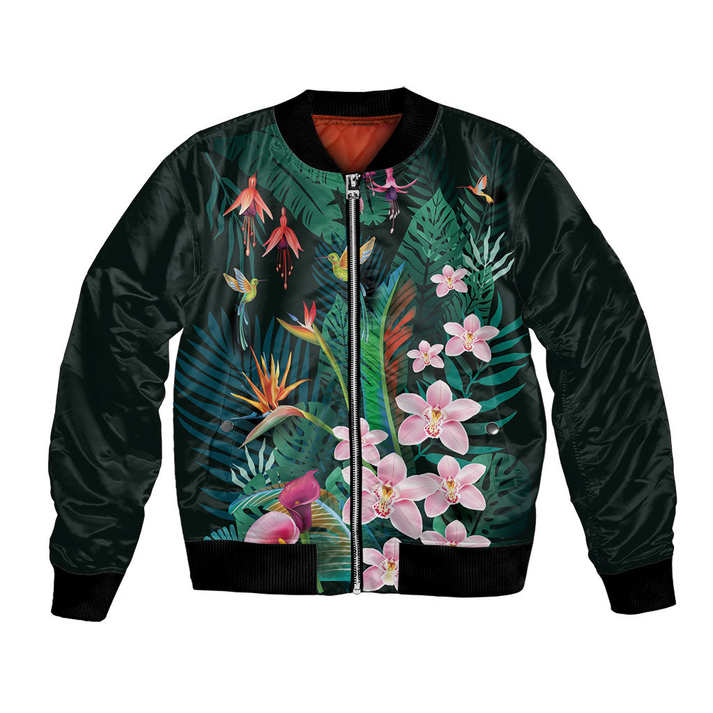 Hawaii Hummingbird Tropical Flowers Bomber Jacket Dark Green