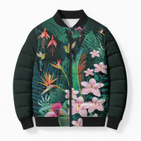 Hawaii Hummingbird Tropical Flowers Bomber Puffer Jacket Dark Green